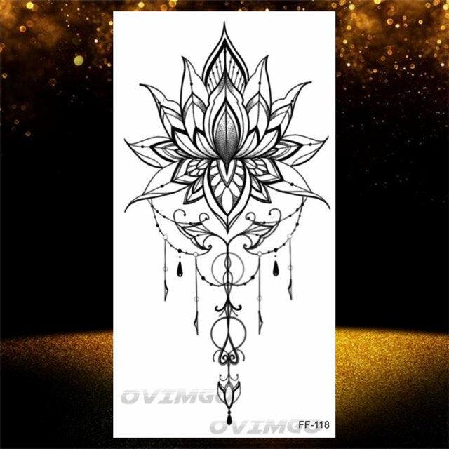 Temporary Lotus Flower Sticker Tattoo Fake Black Elegant Flower Design Women Body Art Fake Arm Tattoo Stickers For Womens