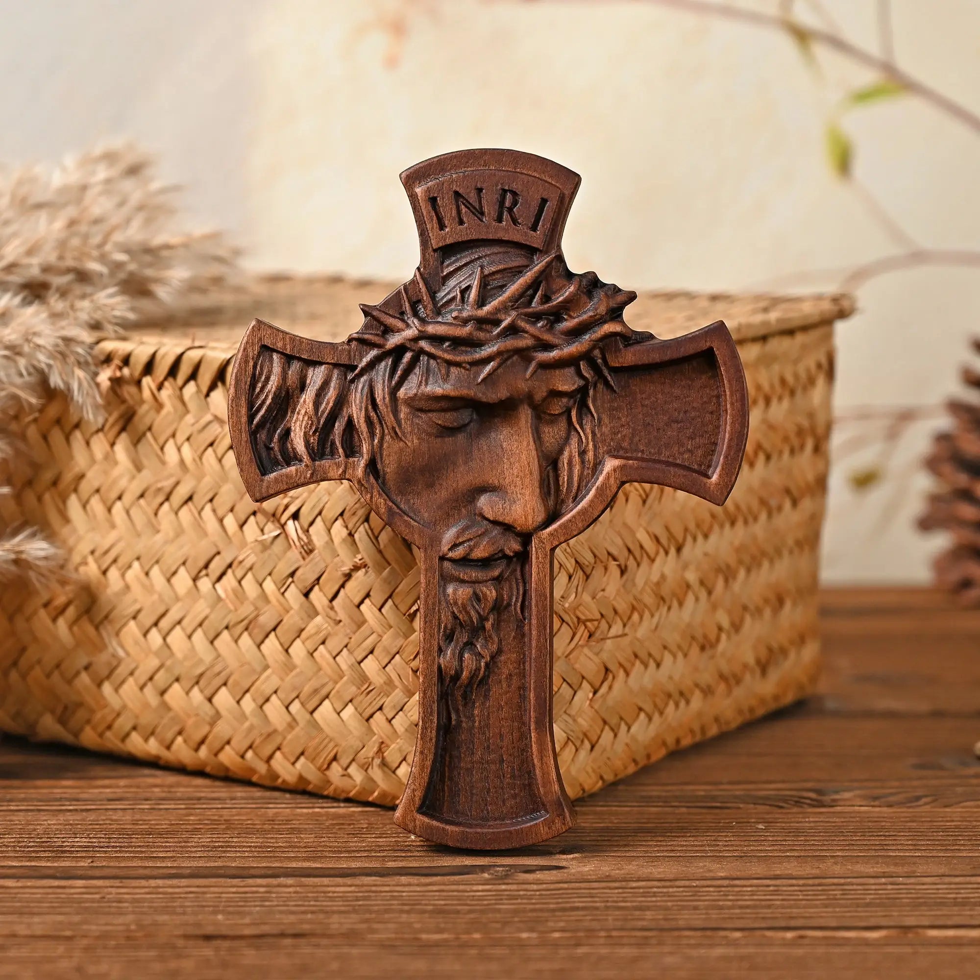 Thorned Crown Cross Wood Carving Wall Hanging Craft Decoration Ornament
