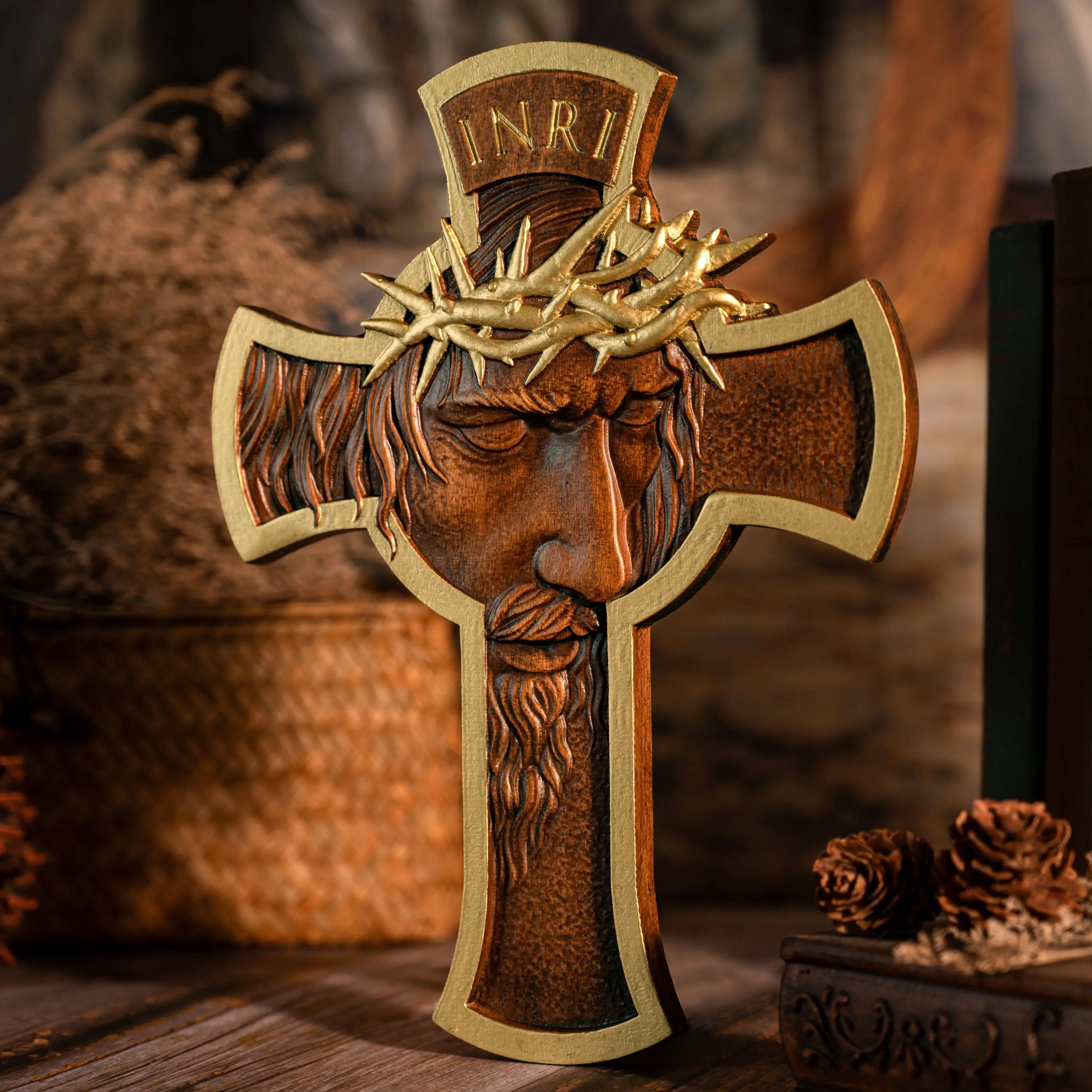 Thorned Crown Cross Wood Carving Wall Hanging Craft Decoration Ornament
