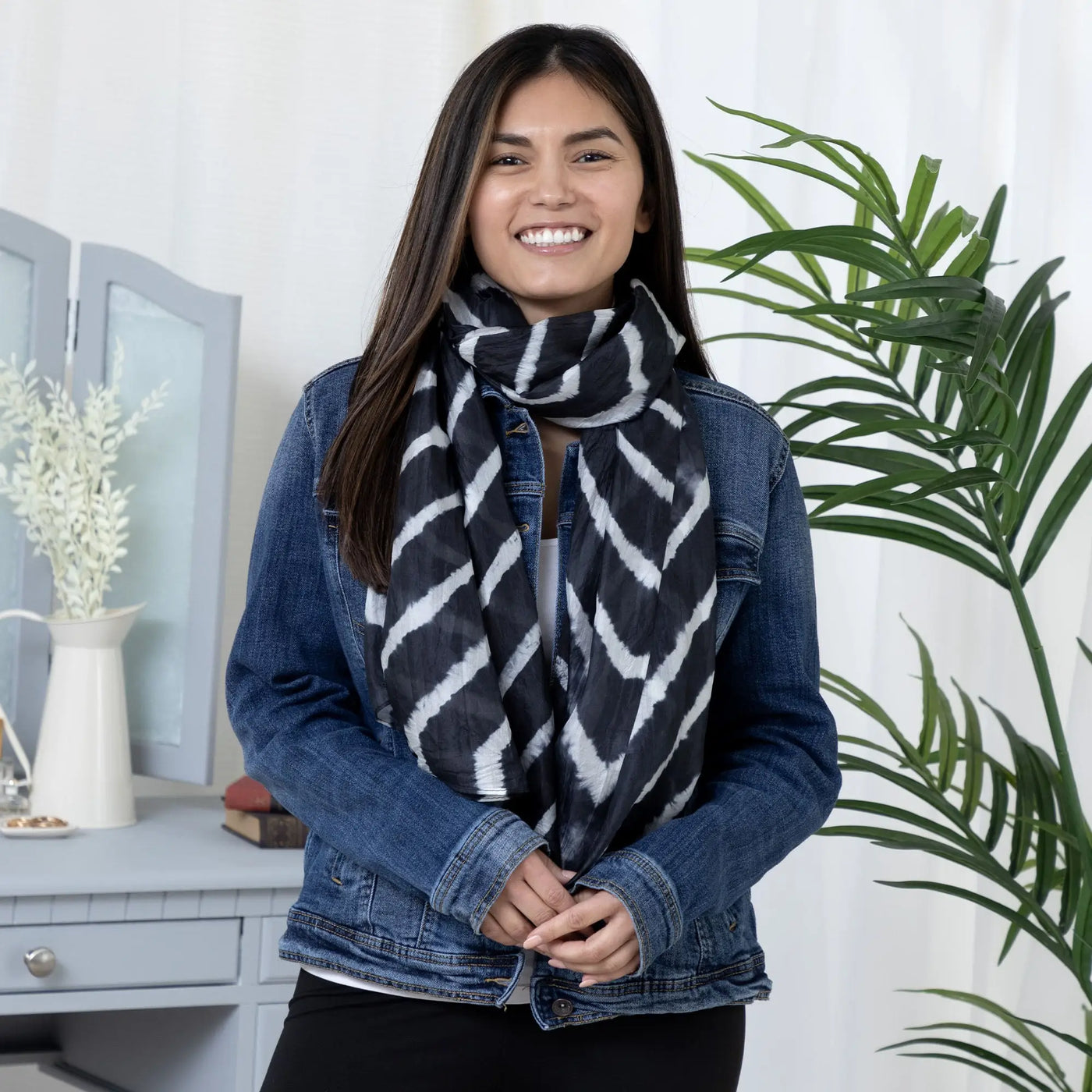 Tie-dye stripe silk scarf in black and white with a bold geometric zigzag pattern in tie-dye style