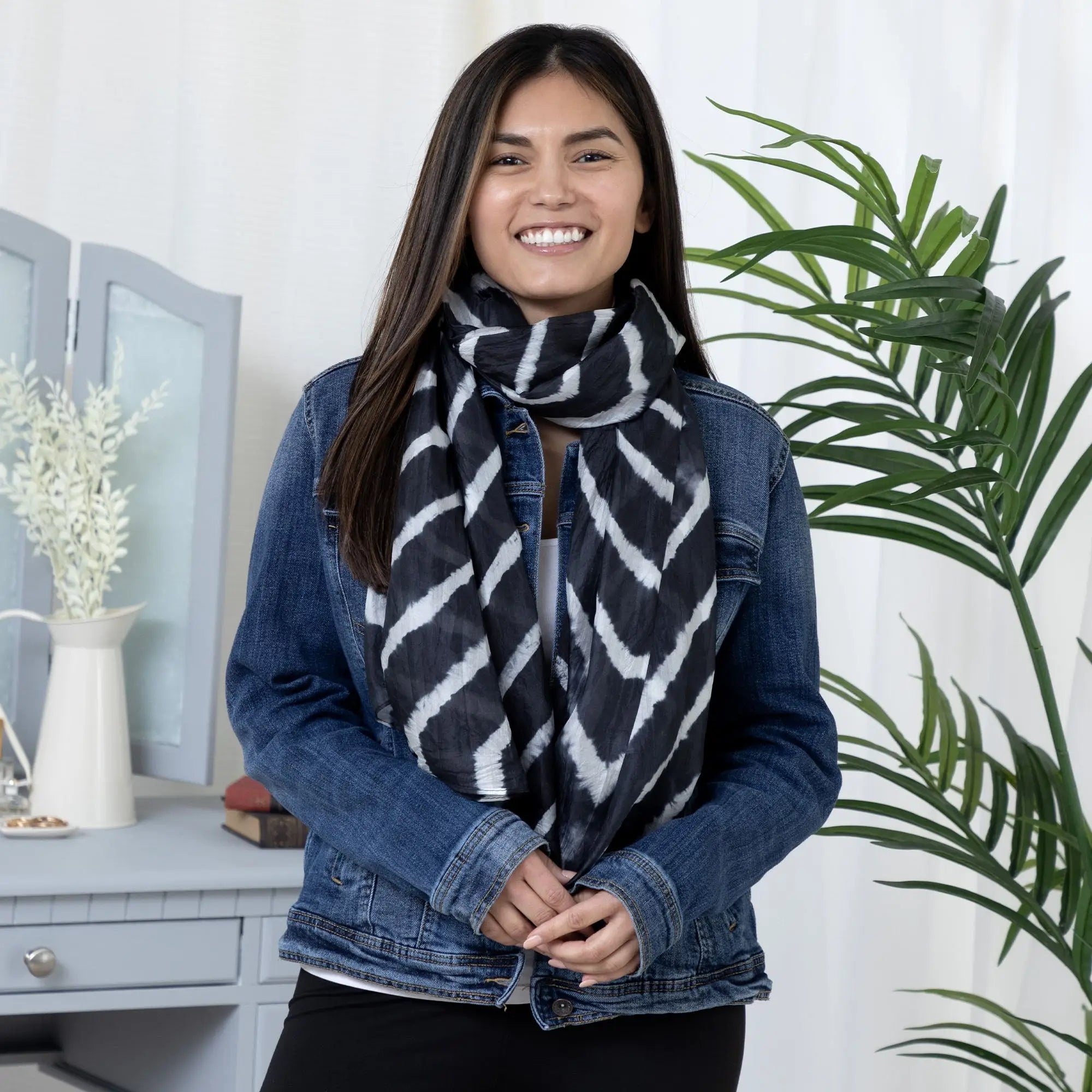 Tie-dye stripe silk scarf in black and white with a bold geometric zigzag pattern in tie-dye style