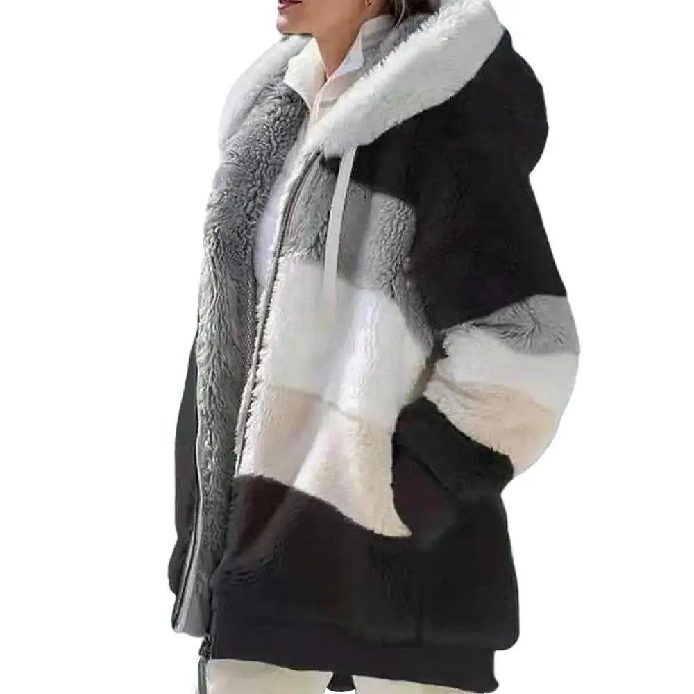 Plus Size Jacket Women Autumn Winter Long Sleeve Color Block Zipper Fluff Hooded Warm Coat Jacket