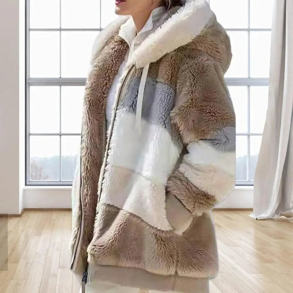 Plus Size Jacket Women Autumn Winter Long Sleeve Color Block Zipper Fluff Hooded Warm Coat Jacket