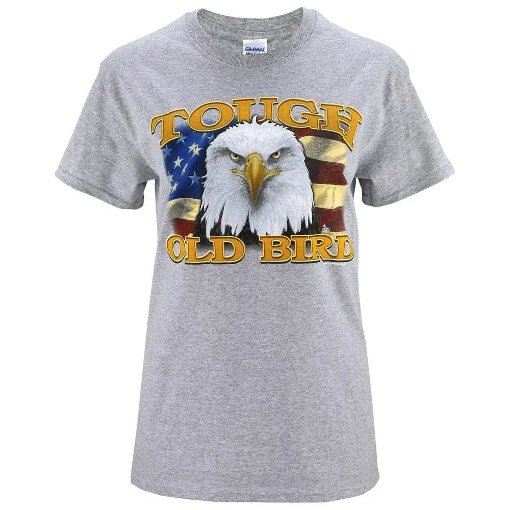 Gray heathered cotton tough old bird eagle t-shirt with bold eagle graphic and gold lettering on american flag backdrop