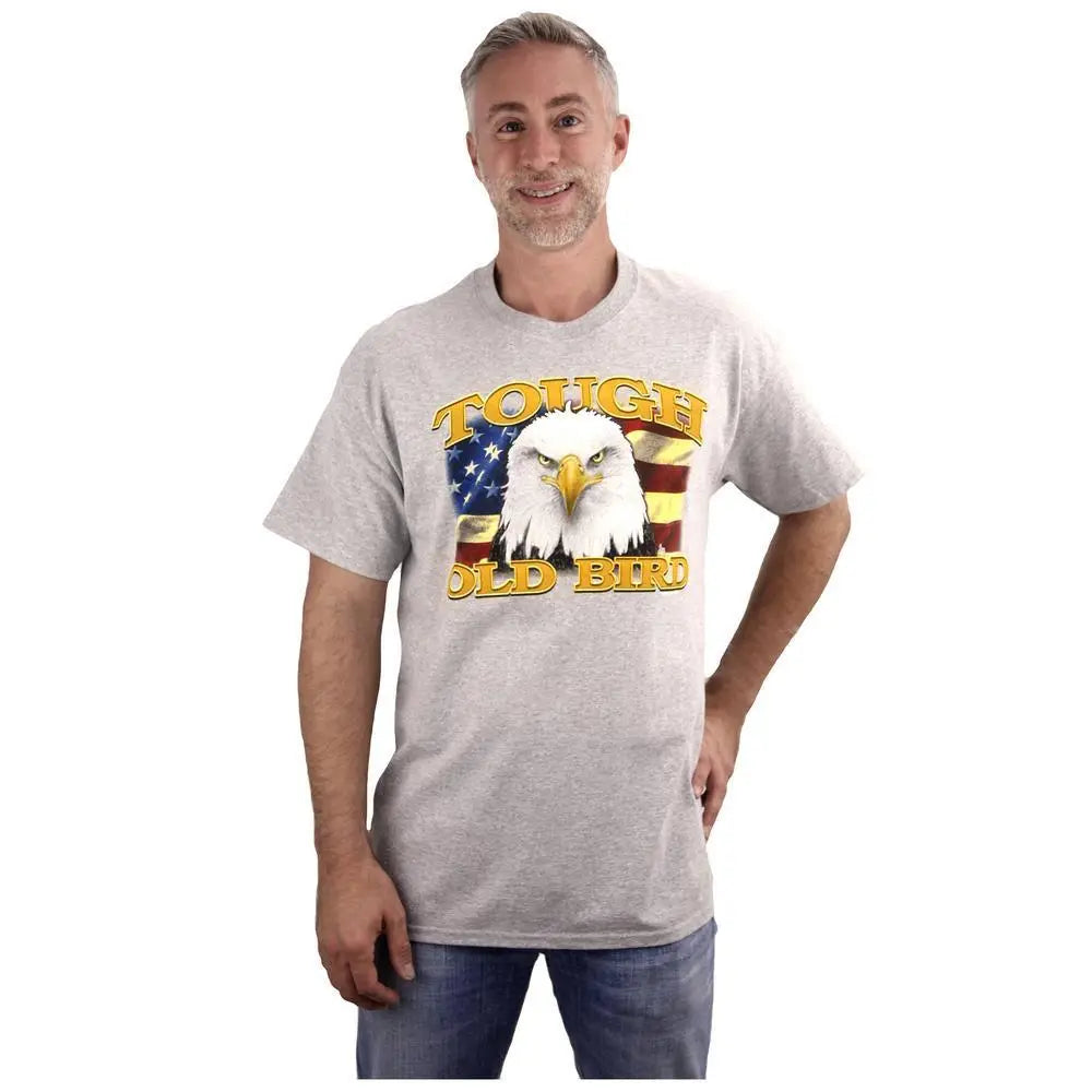 Gray heathered cotton t-shirt with bold eagle graphic american flag stripes and tough old bird gold lettering