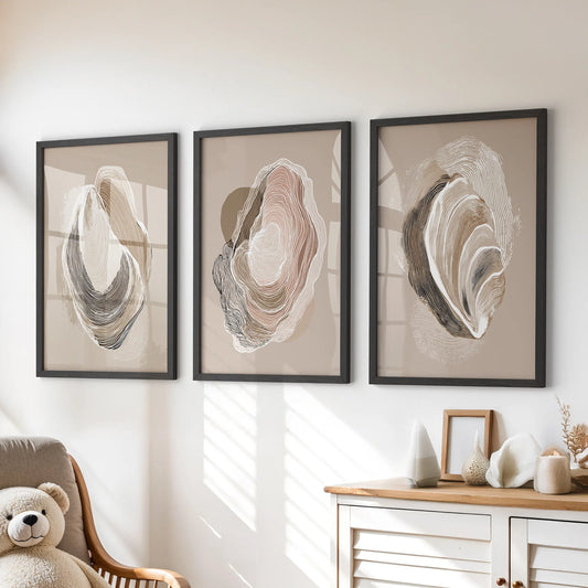 Vintage Oyster Shell Sketch. Minimalist Coastal Wall Art Set