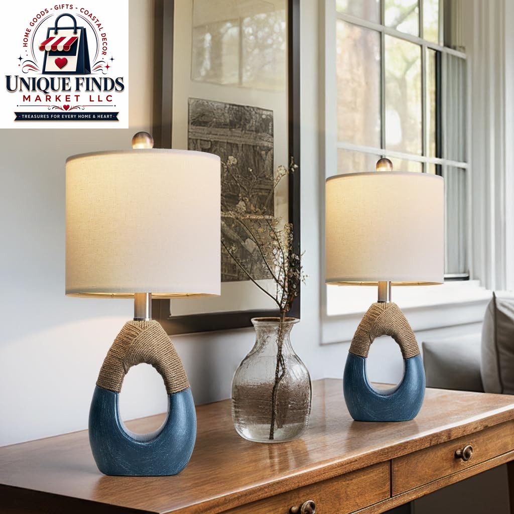 19 Inch Boho Table Lamps Set of 2 Blue Bedroom Living Room End Table Lamps