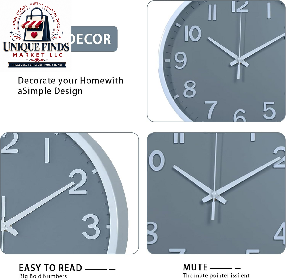 Battery Operated 12-Inch Modern Silent Wall Clock for Home and Office Décor (Gray and White)