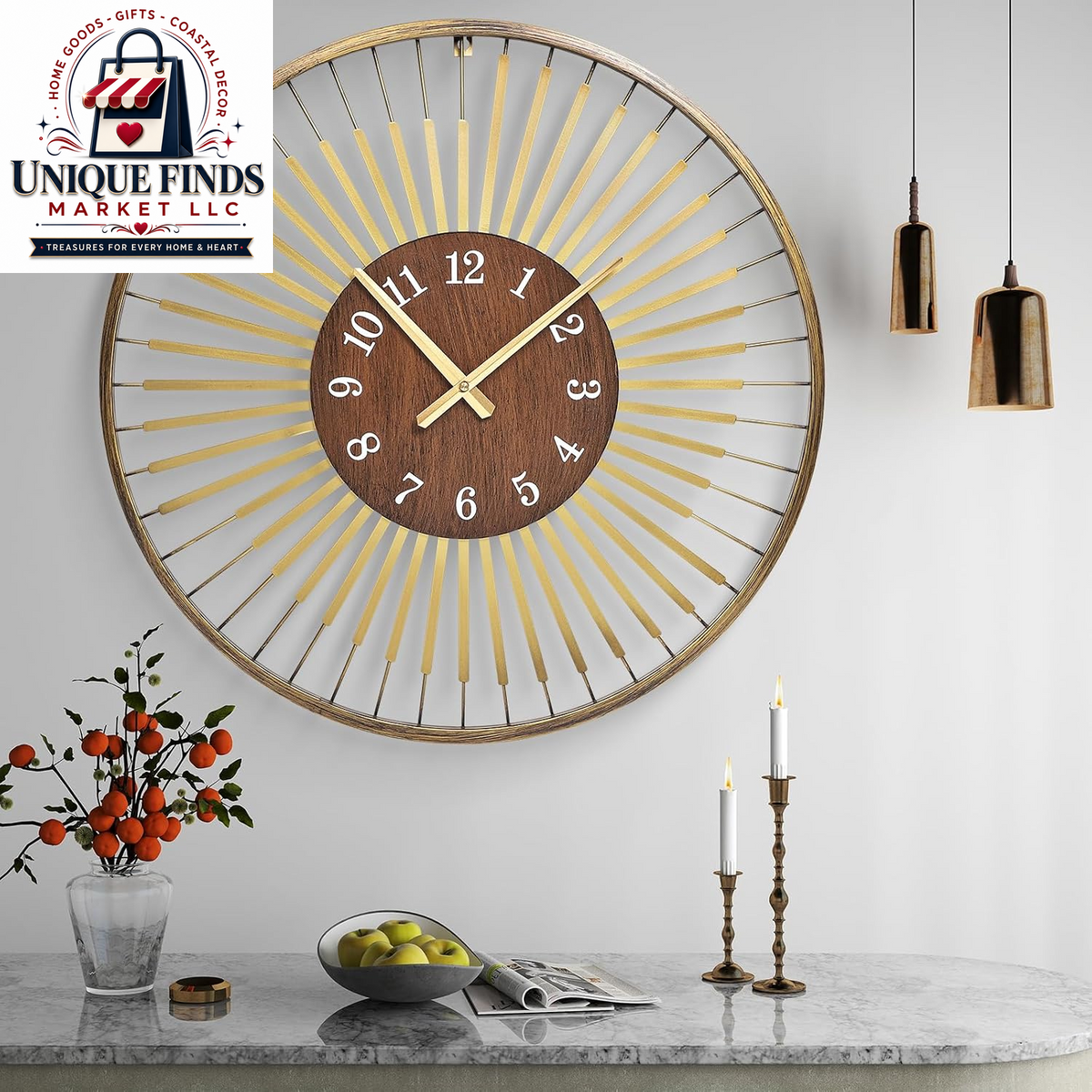 20-Inch Round Wooden Wall Clock - Silent Non-Ticking, Battery Operated