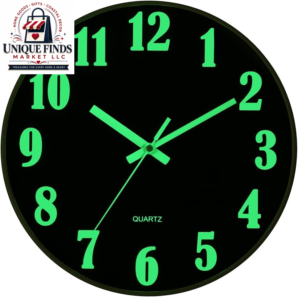 Jofomp 12-Inch Glow in the Dark Silent Wall Clock - Battery Operated Modern Decor for Living Room, Kitchen, and Bedroom