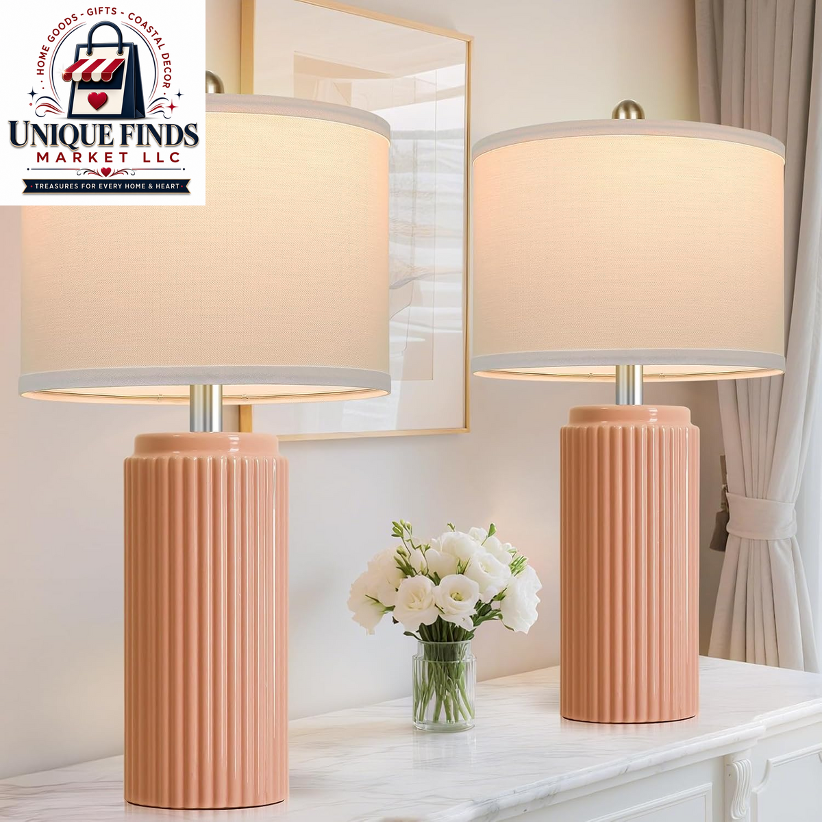 Set of 2 Modern 23.5’’ Orange Ceramic Table Lamps with White Shades for Bedroom and Living Room, Retro Farmhouse Design for Home Office and Dorm End Tables