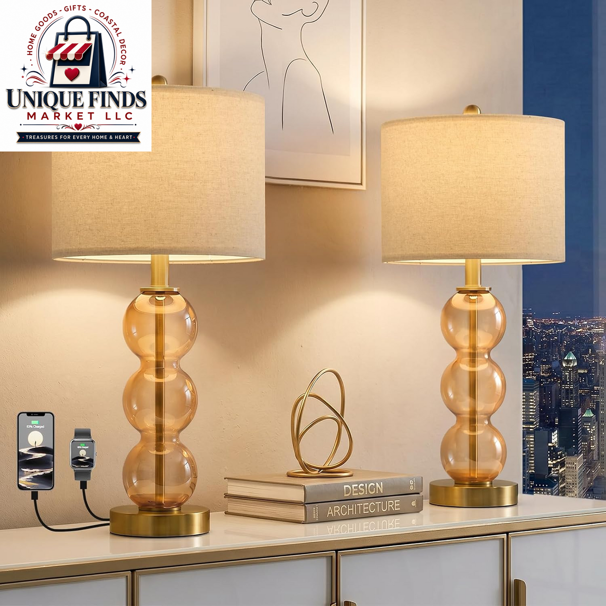 Oneach 25-Inch Black Modern Glass Table Lamps Set of 2 with USB Ports, Linen Shade for Living Room and Bedroom Nightstands (Bulbs Not Included)