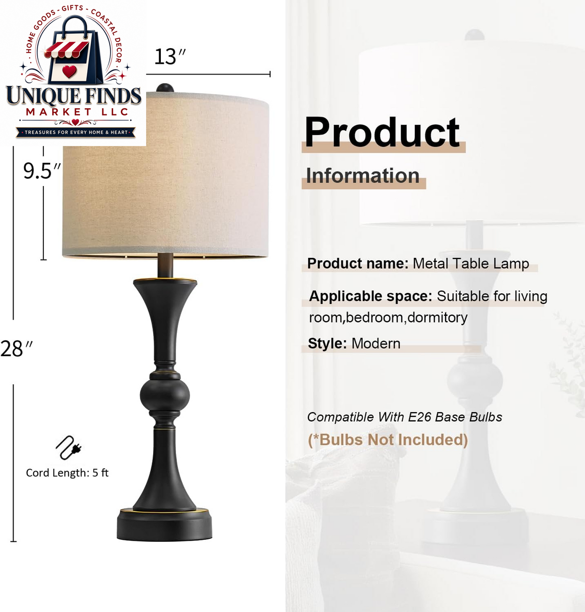 Oneach 28" Black Tall Table Lamp Set of 2 with USB Ports for Living Room