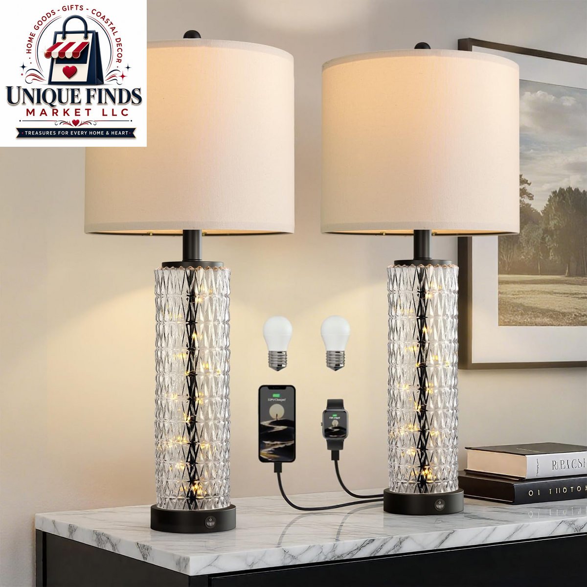 Oneach 28.5" Black Table Lamps - Set of 2 Tall Luxury Bedside Lamps with Night Light and USB A+C Charging Ports, Elegant Metal Design for Bedroom and Office End Table Decor