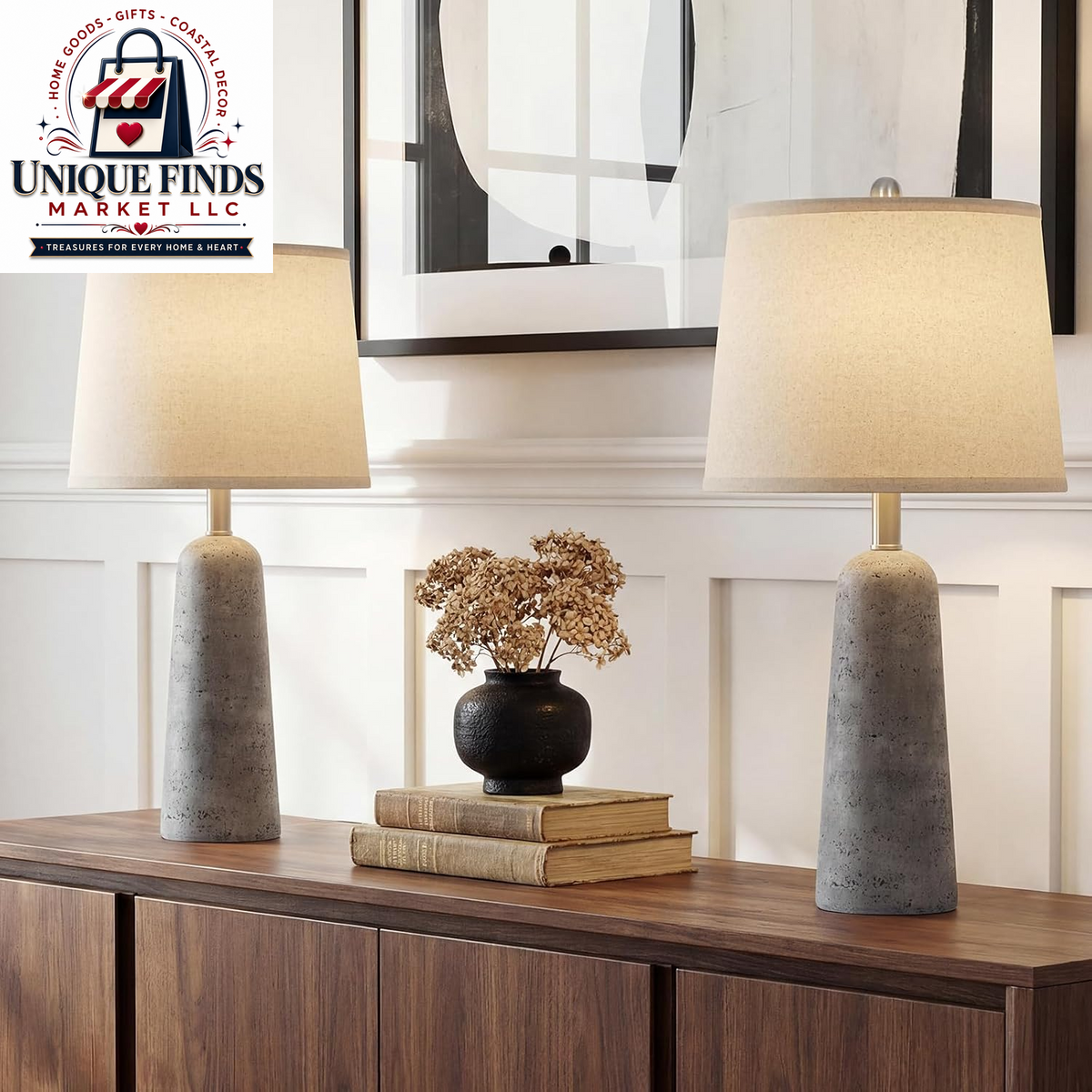 Rinweey Set of 2 Modern Minimalist 24" Travertine-Inspired Concrete Table Lamps, Beige Faux Stone Design for Bedroom Nightstands and Living Room End Tables, Includes 2 LED Bulbs