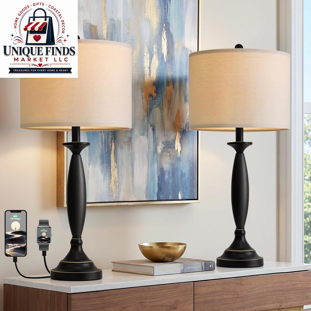 Oneach 28" Black Tall Table Lamp Set of 2 with USB Ports for Living Room