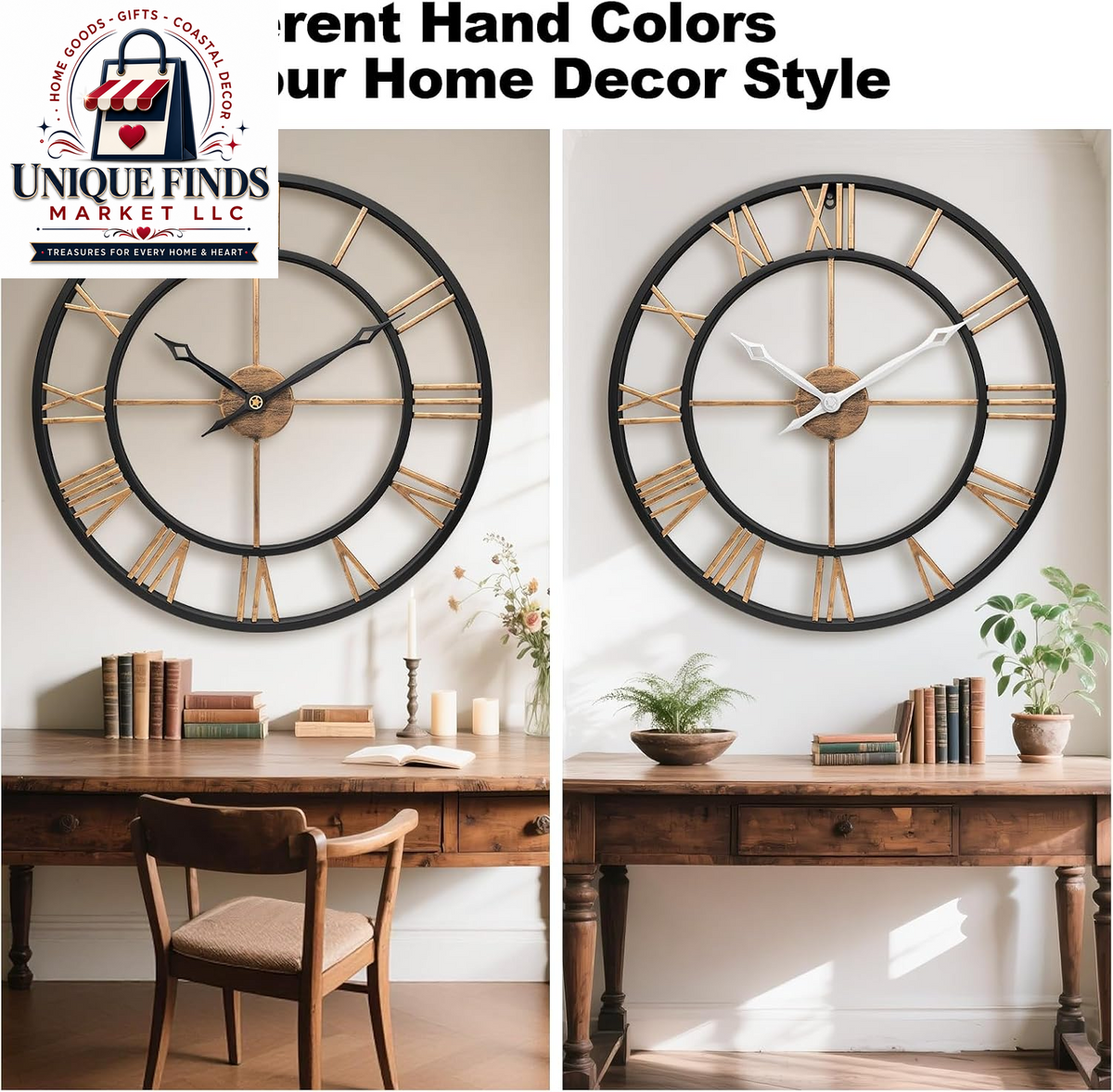 16-Inch Vintage Gold Metal Wall Clock with Roman Numerals