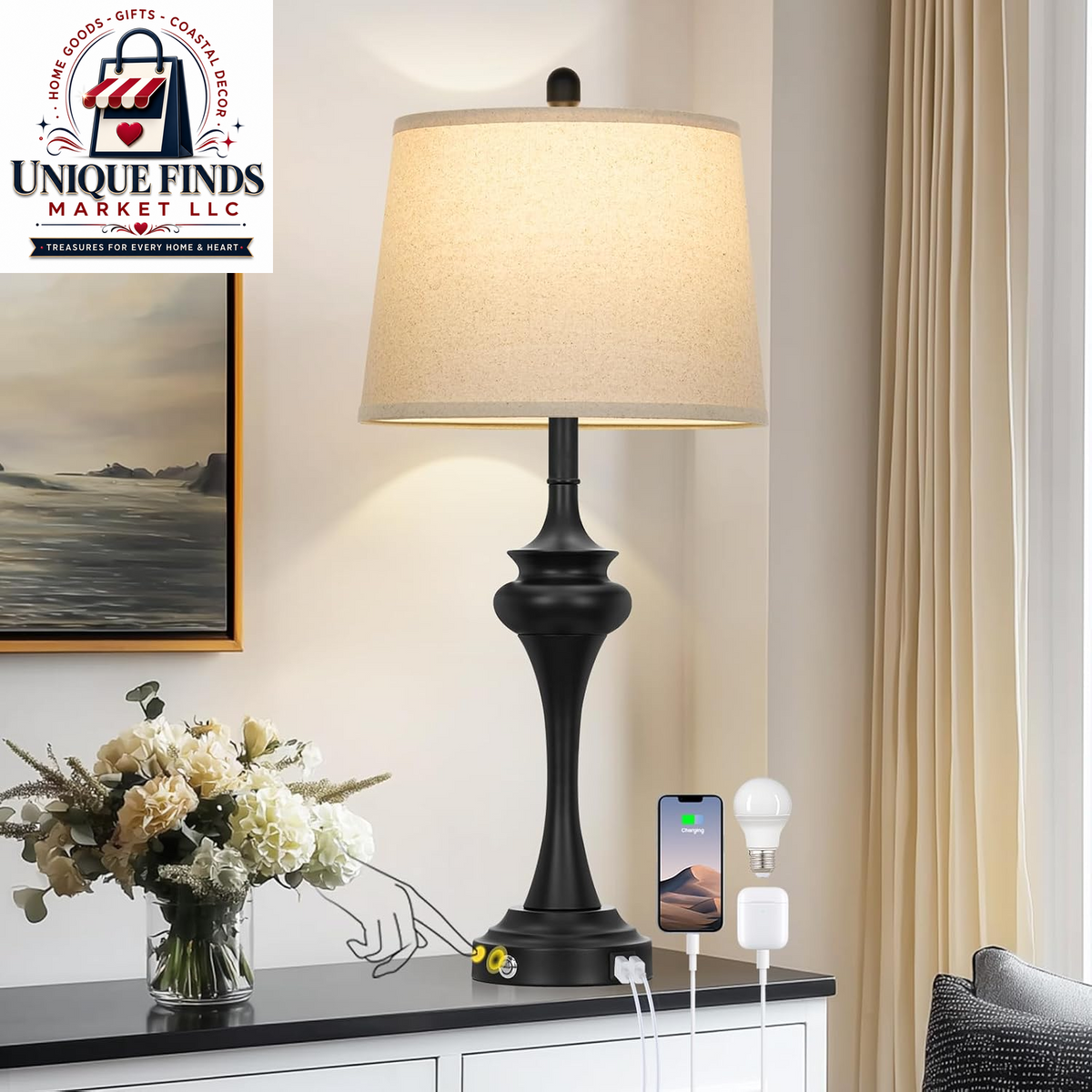 Rinweey 27-Inch Black Table Lamps Set of 2 with 3-Way Touch Control and USB A+C Ports, Modern Metal Nightstand Lamps for Living Room, Bedroom, and Office Decor