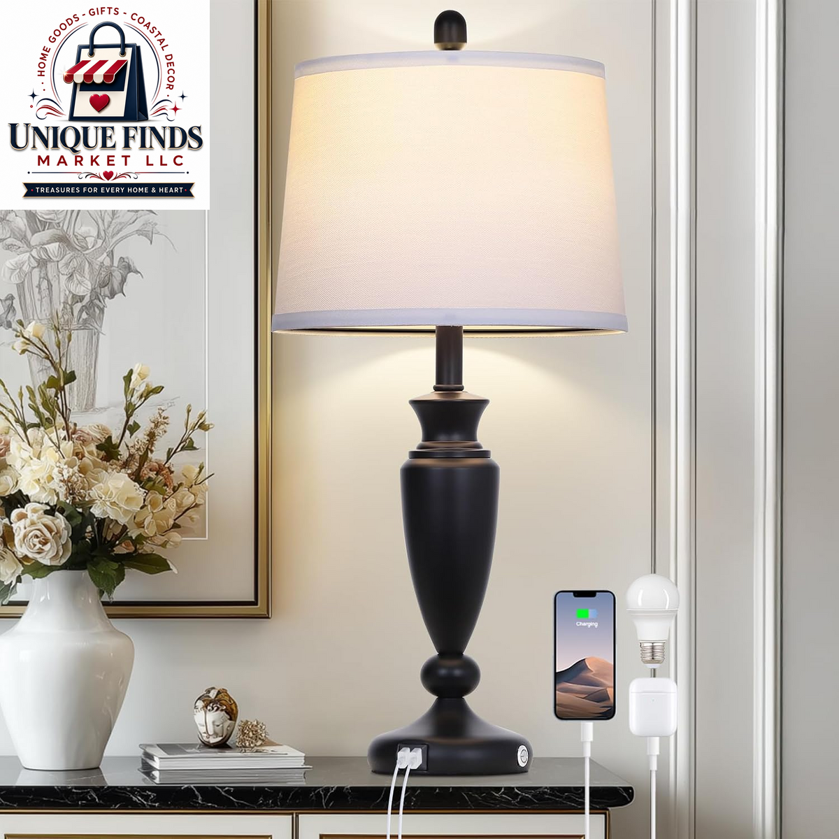 Rinweey 27-Inch Black Table Lamps Set of 2 with 3-Way Touch Control and USB A+C Ports, Modern Metal Nightstand Lamps for Living Room, Bedroom, and Office Decor