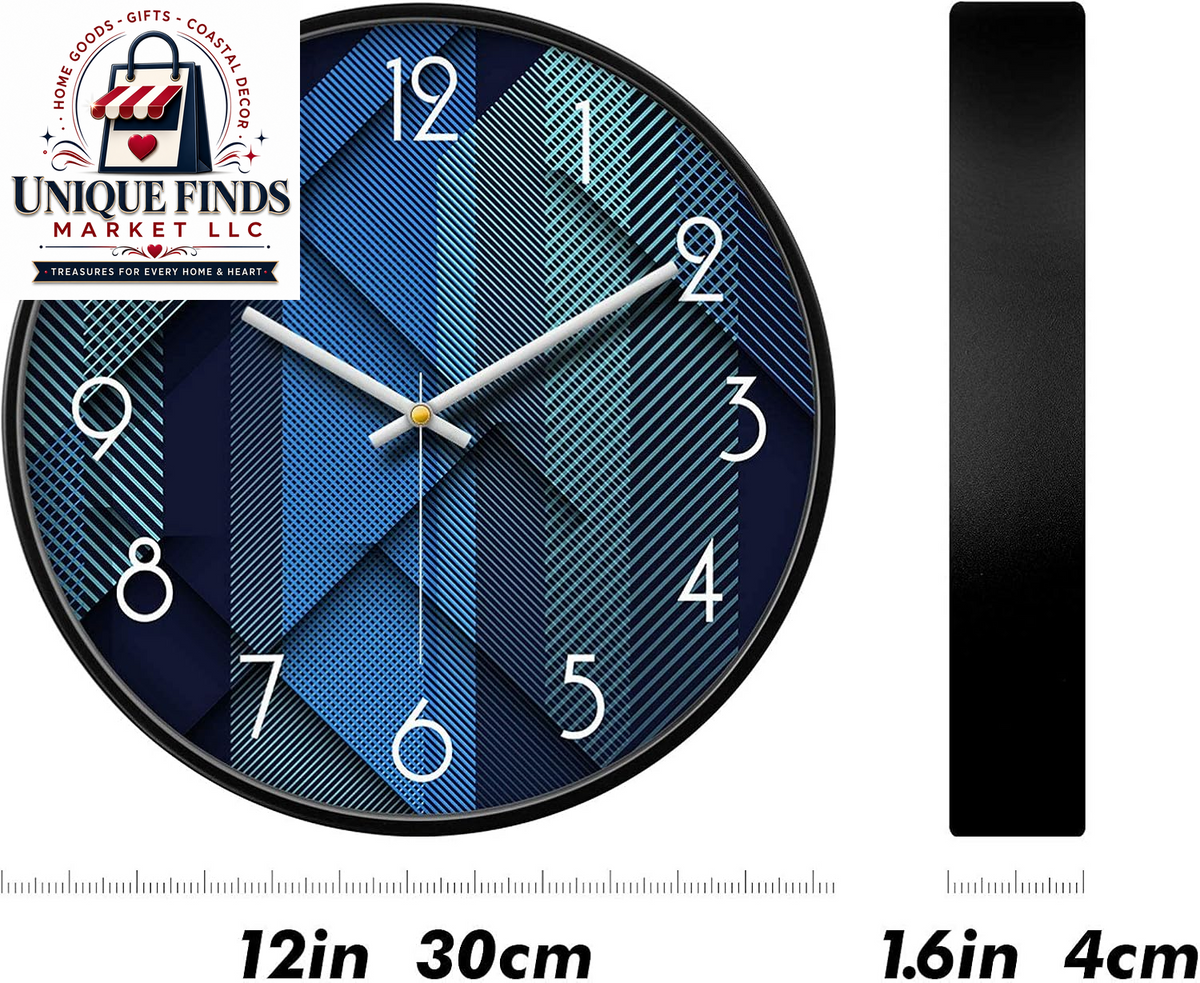 Silent Non-Ticking 12-Inch Analog Wall Clock with Geometric Blue Print Design