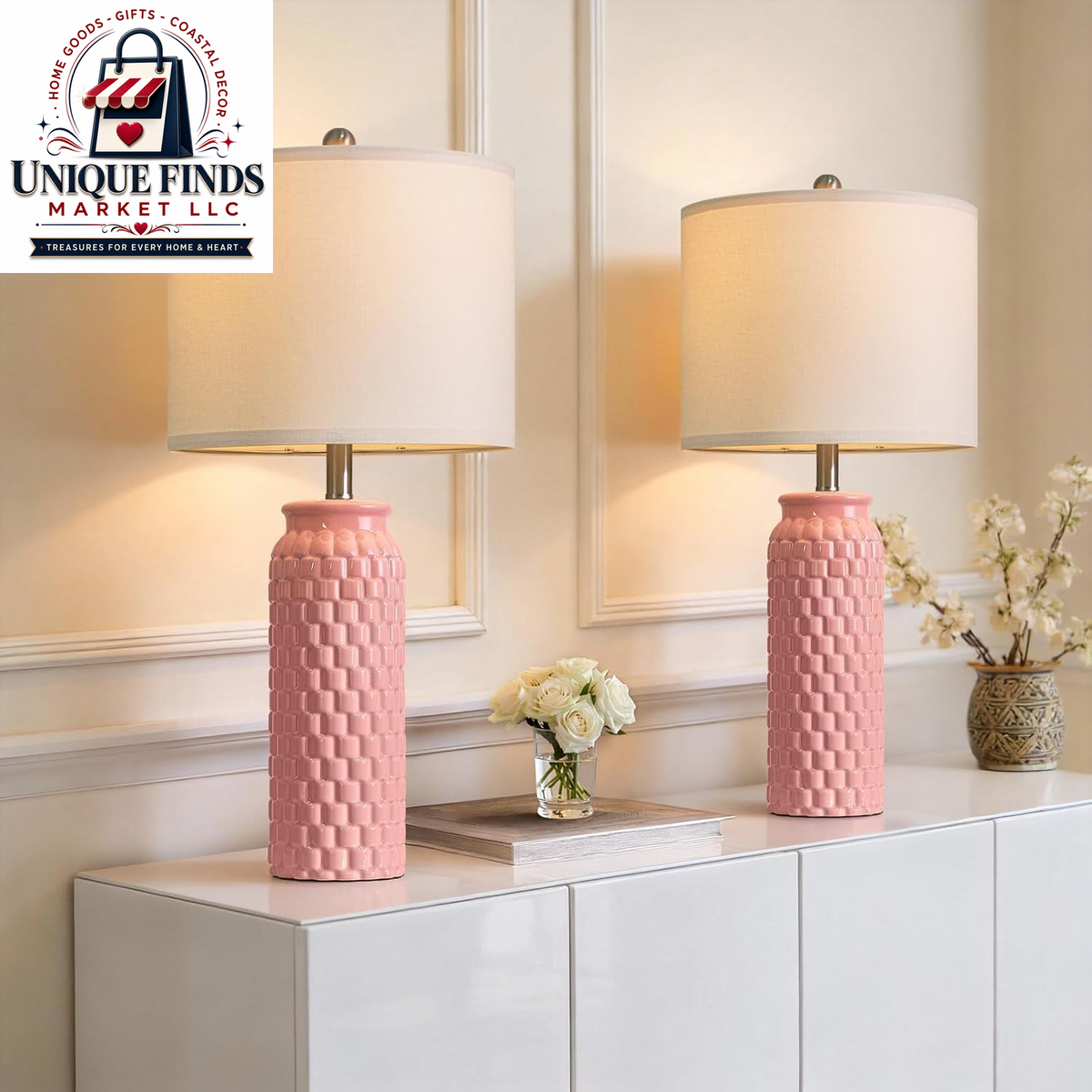 Usumkky Set of 2 27" Ceramic Table Lamps - Modern Farmhouse and Boho Style Bedside Nightstand Lighting for Bedroom and Living Room, Compact Desk Lamps (Pink)