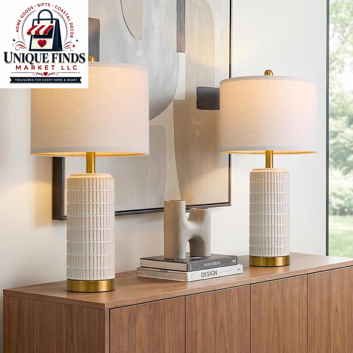 Pokat Set of 2 Ceramic Table Lamps, 21.5'' White, Ideal for Bedroom and Living Room