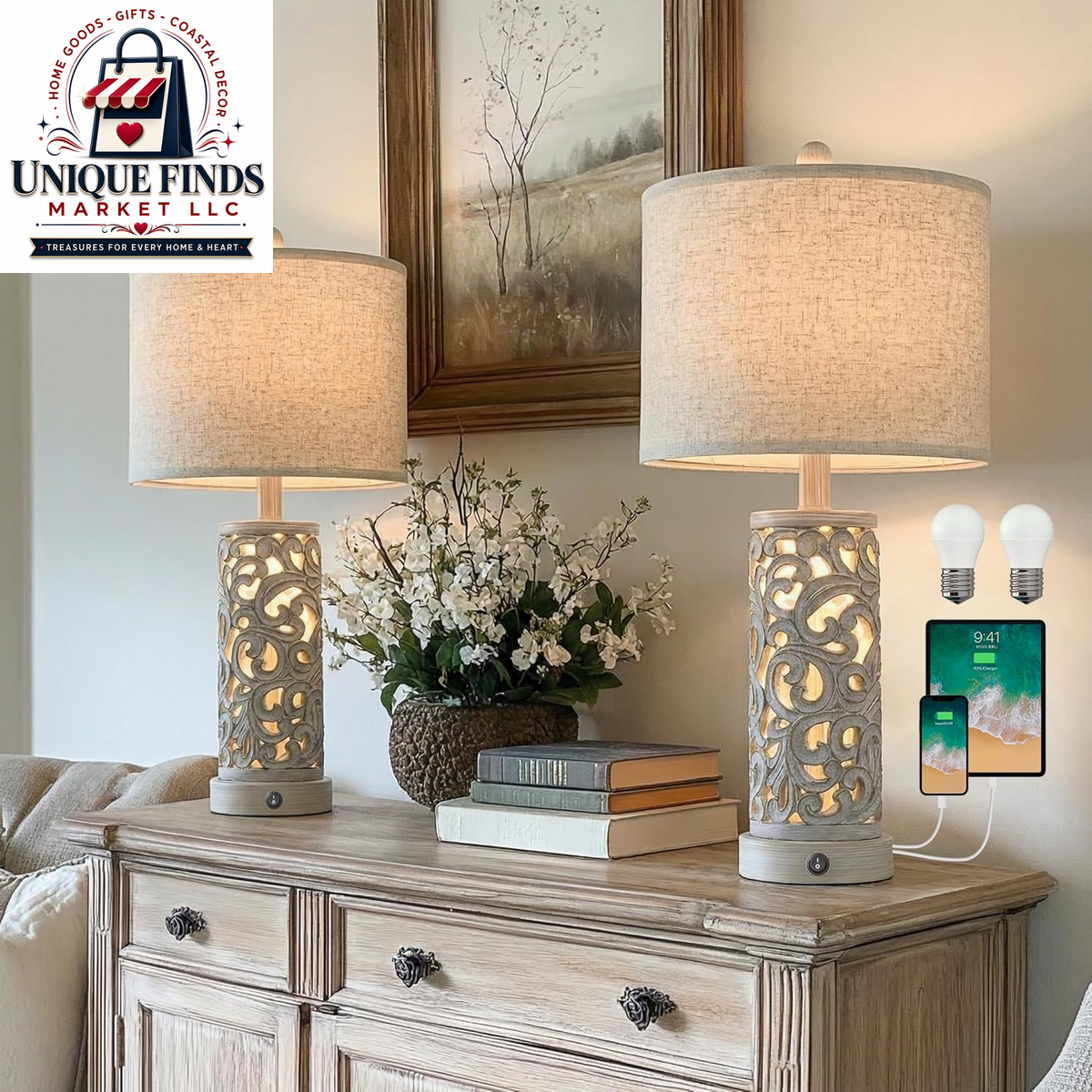 Set of 2 OYEARS 22-Inch Distressed Grey Bedside Table Lamps with Night Light