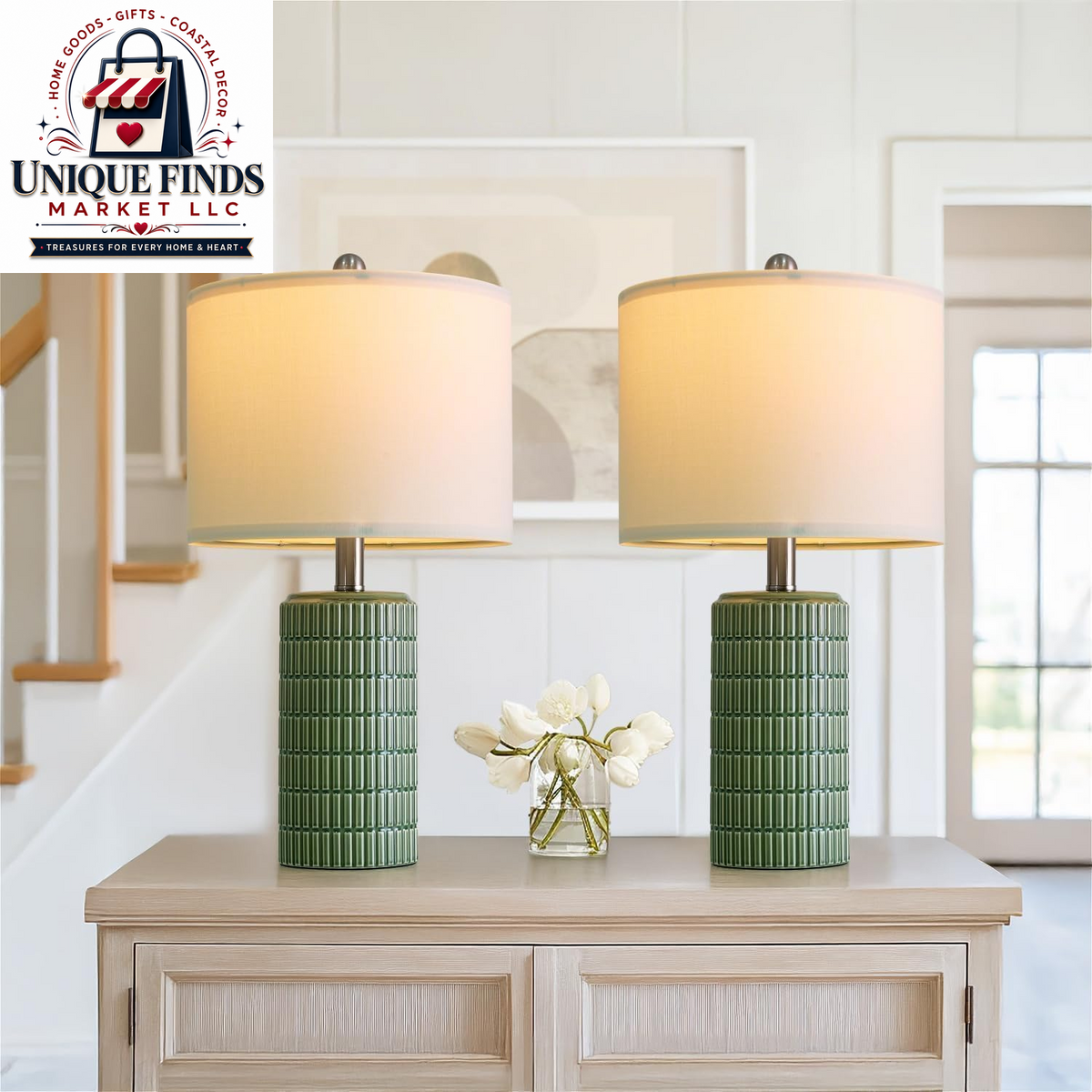 Pokat Set of 2 Modern 24" Ceramic Table Lamps in Green for Bedroom and Living Room Decor