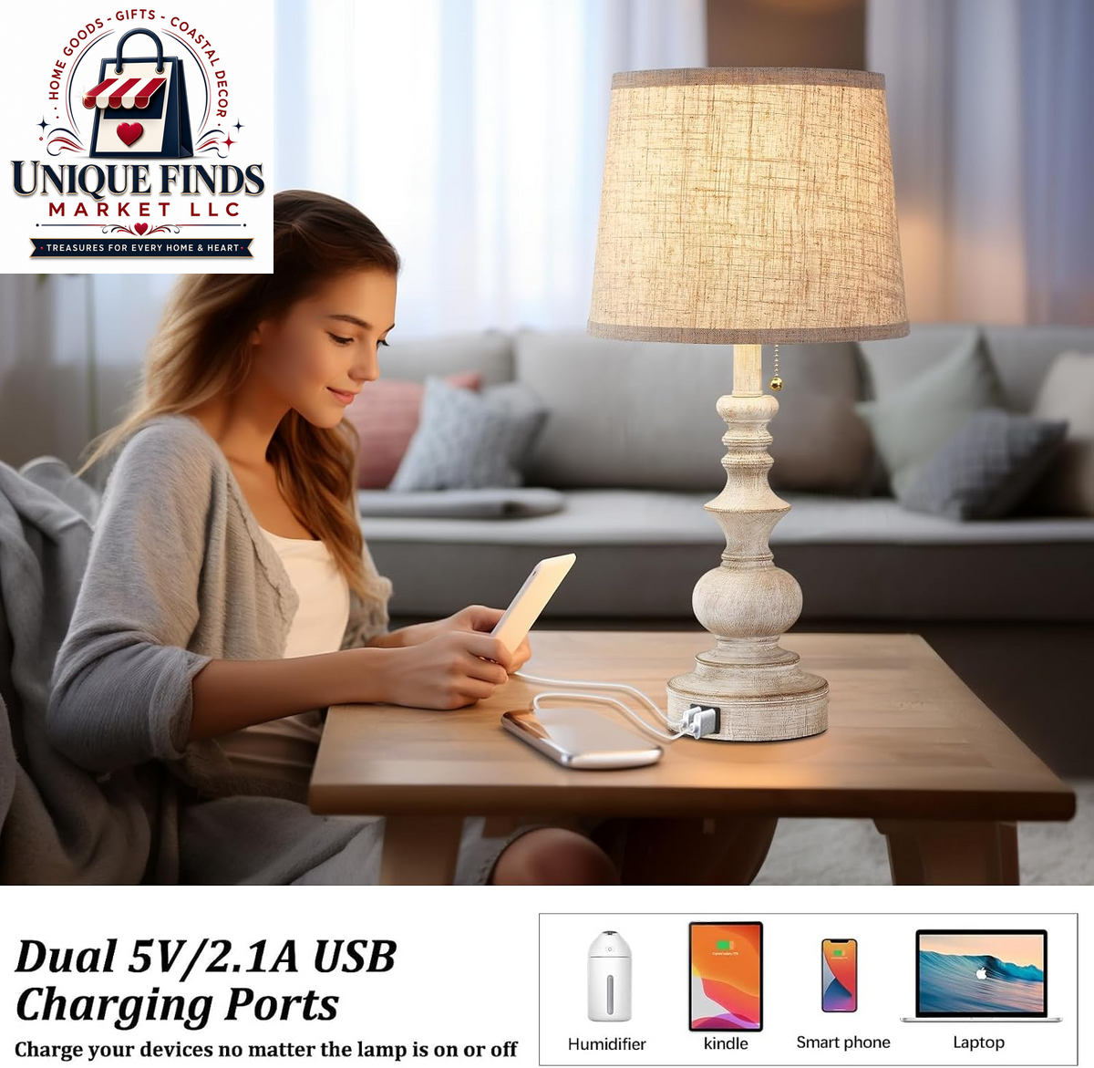 Drawealth Set of 2 Farmhouse Table Lamps for Bedrooms with USB Charging Ports, Traditional Wooden Finish, Pull Chain, Bulbs Not Included