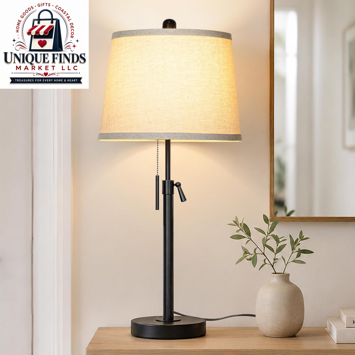 Set of 2 Adjustable Height Black Bedside Table Lamps: Modern 3-Way Dimmable Nightstand Lighting with Pull Chain Switch for Living Room and Office (Bulbs Included)
