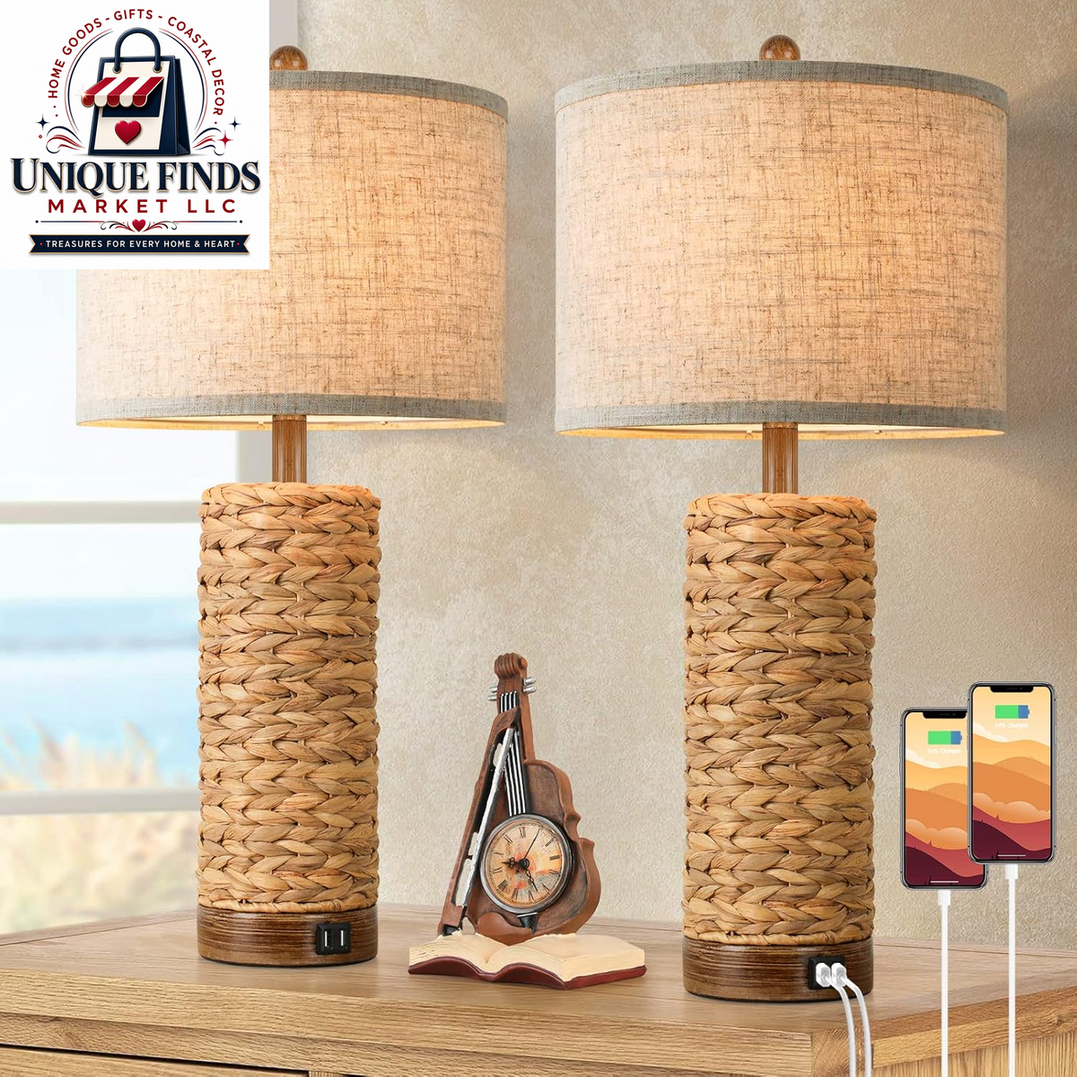 Set of 2 27-Inch Tall Rattan Table Lamps with USB Charging Ports, Boho Farmhouse Woven Seagrass Bedside Lighting for Living Room and Bedroom, E26 Socket, Cream Shade