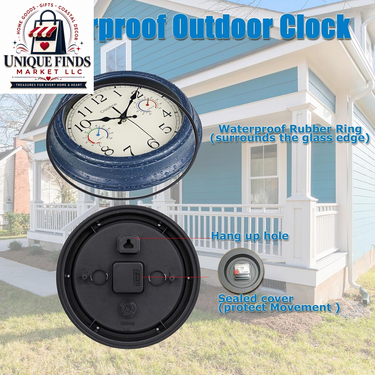 Crosstime 12-Inch Indoor/Outdoor Retro Wall Clock - Battery Operated and Silent, Blue