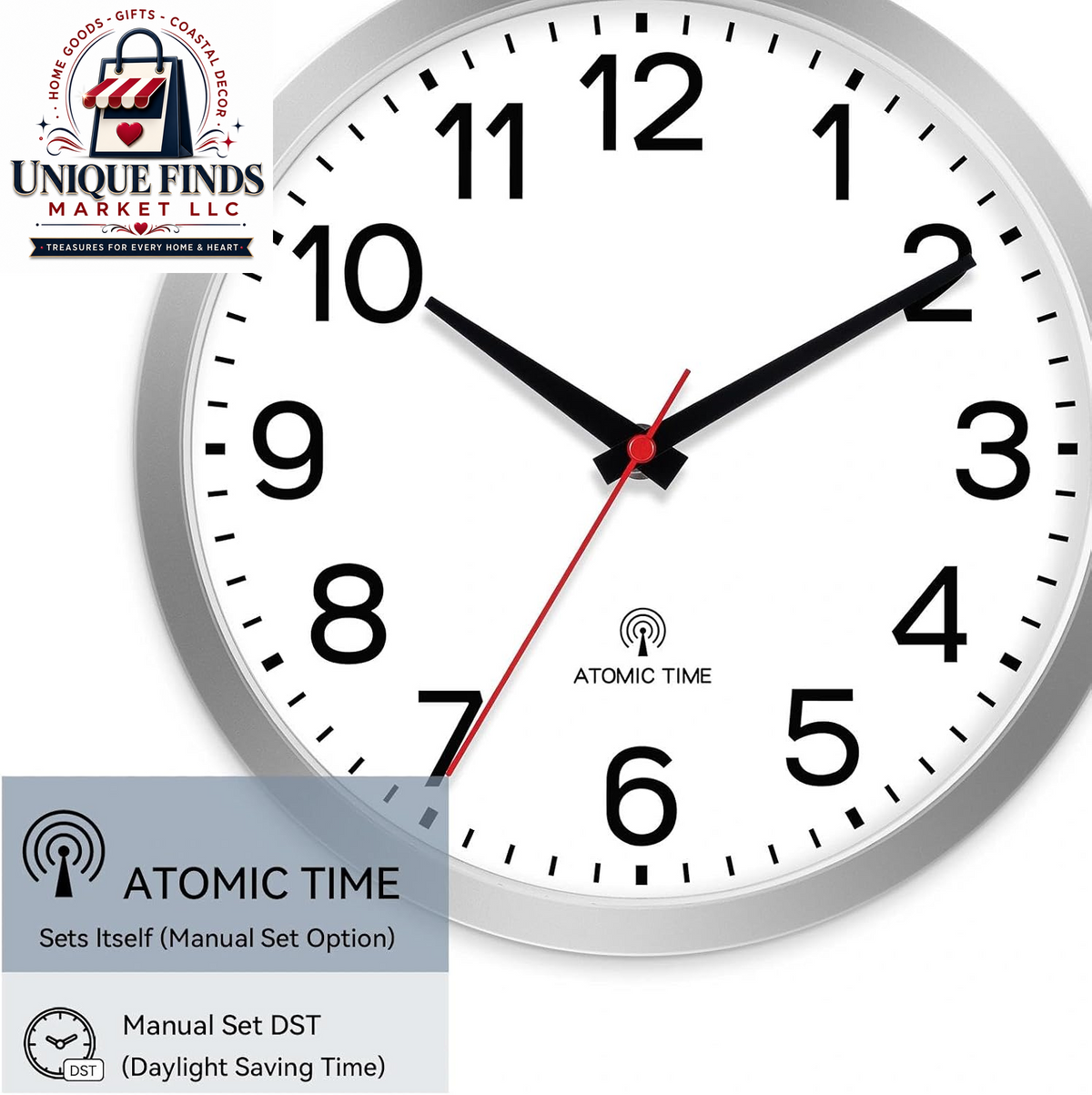 AKCISOT 12-Inch Silent Battery-Operated Analog Wall Clock in Silver