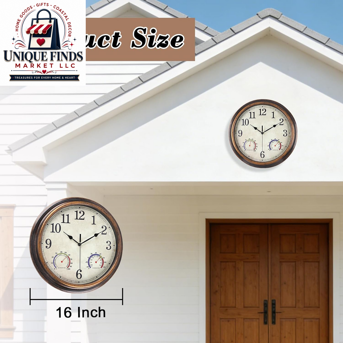 16-Inch Waterproof Outdoor Wall Clock with Temperature Display for Patio and Garden Use