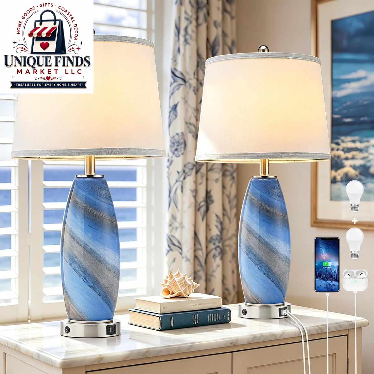 Lovlast 29-Inch Coastal Glass Table Lamp Set of 2 for Bedroom and Living Room