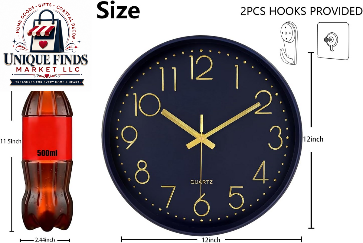 Contemporary 12-Inch Silent Wall Clock with Large Numerals, Battery Operated Non-Ticking Quartz Timepiece Featuring Tempered Glass for Living Room, Bedroom, Office, and Kitchen in Navy Blue