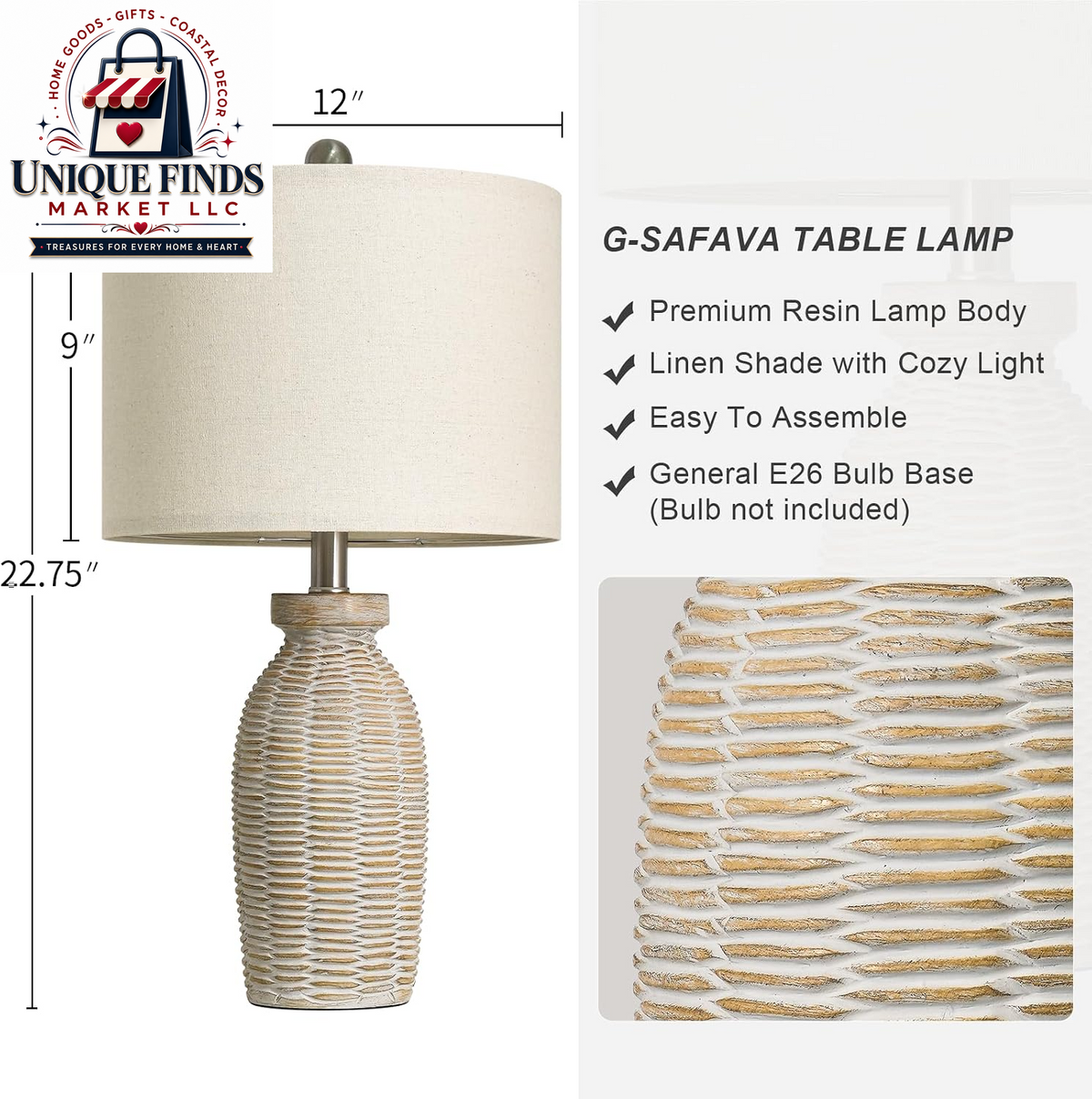 G-SAFAVA Set of 2 Table Lamps for Living Room and Bedroom, 22.75" Bedside Lighting