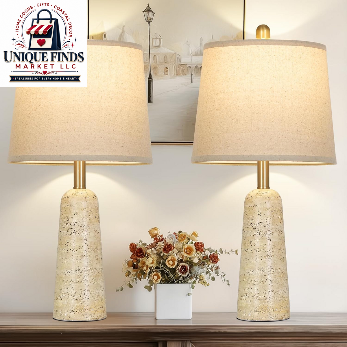 Rinweey Set of 2 Modern Minimalist 24" Travertine-Inspired Concrete Table Lamps, Beige Faux Stone Design for Bedroom Nightstands and Living Room End Tables, Includes 2 LED Bulbs