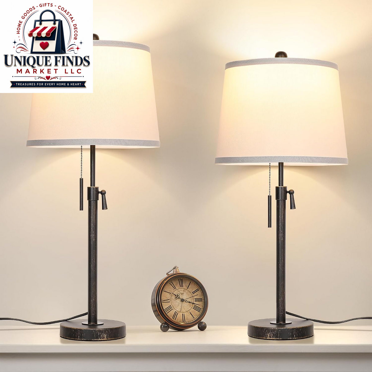 Set of 2 Adjustable Height Black Bedside Table Lamps: Modern 3-Way Dimmable Nightstand Lighting with Pull Chain Switch for Living Room and Office (Bulbs Included)