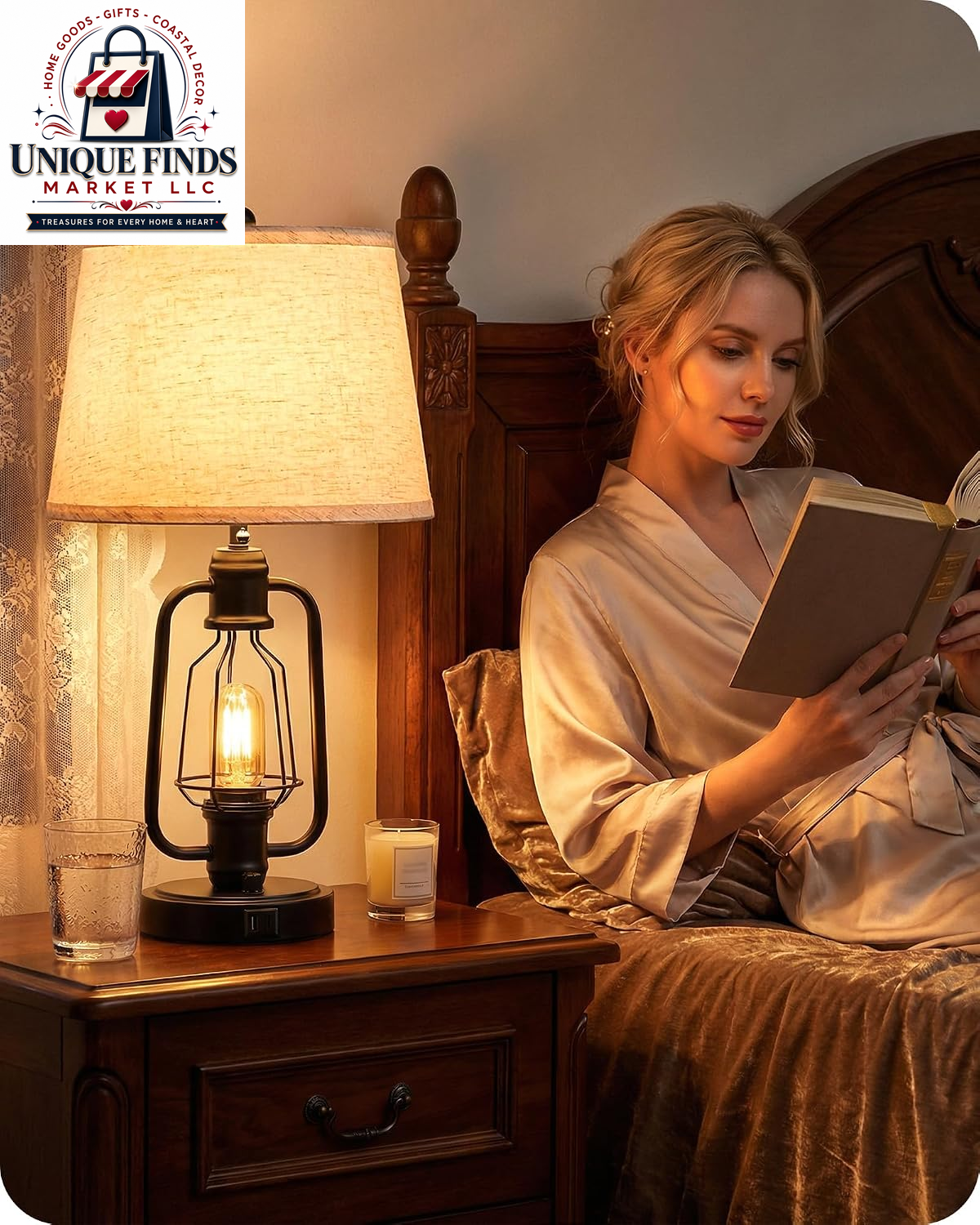 Set of 2 Farmhouse Industrial Bedside Table Lamps with USB Ports, Rustic Vintage Nightstand Desk Lamps for Living Room and Bedroom, Includes 4 Bulbs, Beige and Black E14TLP205