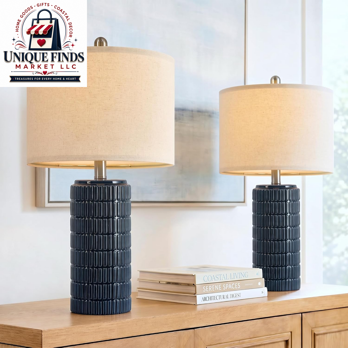 Pokat 23" Blue Ceramic Table Lamps - Set of 2, Traditional Farmhouse Bedside and Living Room Nightstand Lamps