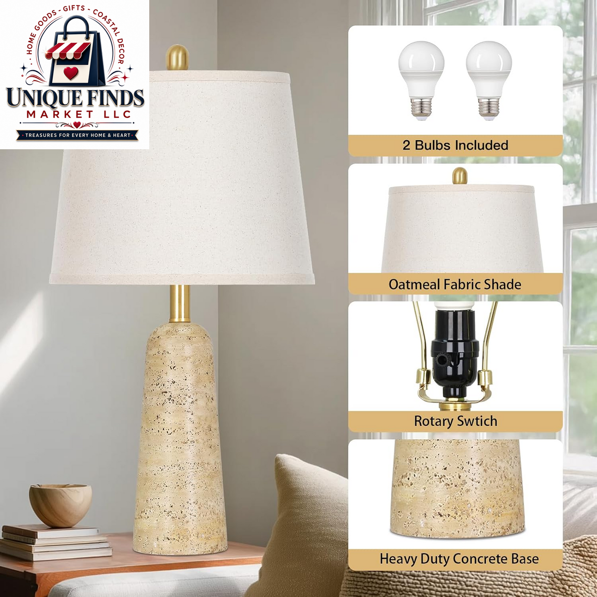 Rinweey Set of 2 Modern Minimalist 24" Travertine-Inspired Concrete Table Lamps, Beige Faux Stone Design for Bedroom Nightstands and Living Room End Tables, Includes 2 LED Bulbs