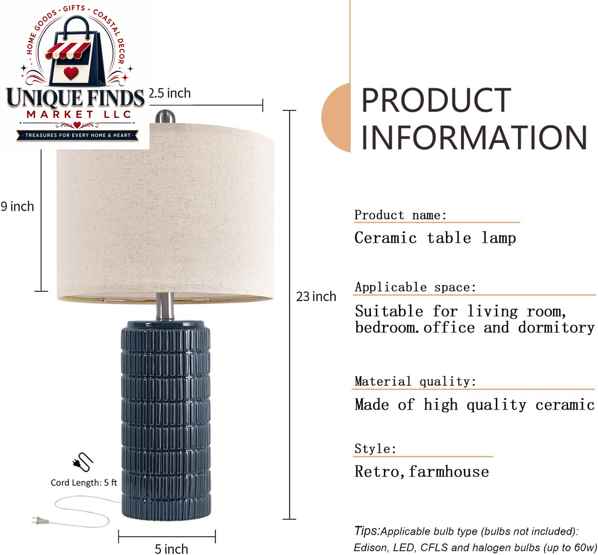 Pokat 23" Blue Ceramic Table Lamps - Set of 2, Traditional Farmhouse Bedside and Living Room Nightstand Lamps