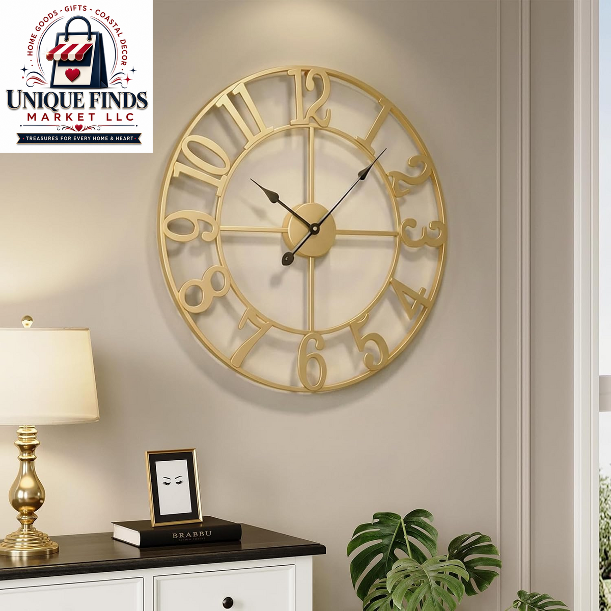 Cuspin 24-Inch Gold Metal Wall Clock for Elegant Living Room Decor