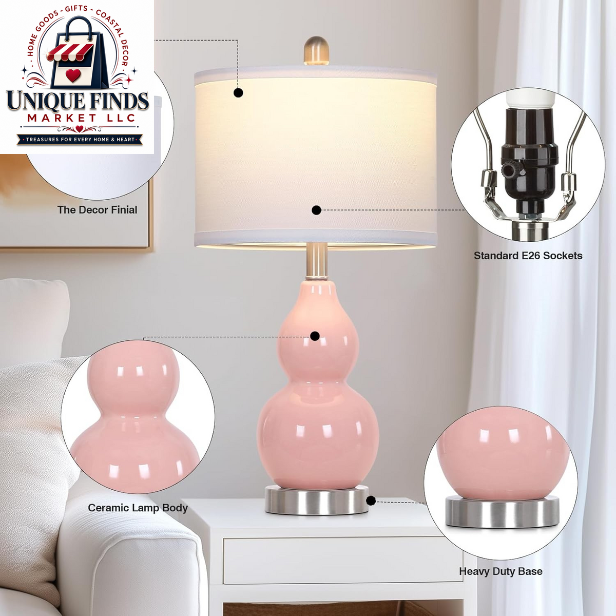Double Gourd Ceramic Table Lamps Set of 2 Pink Bedside Nightstand Lamps Decor