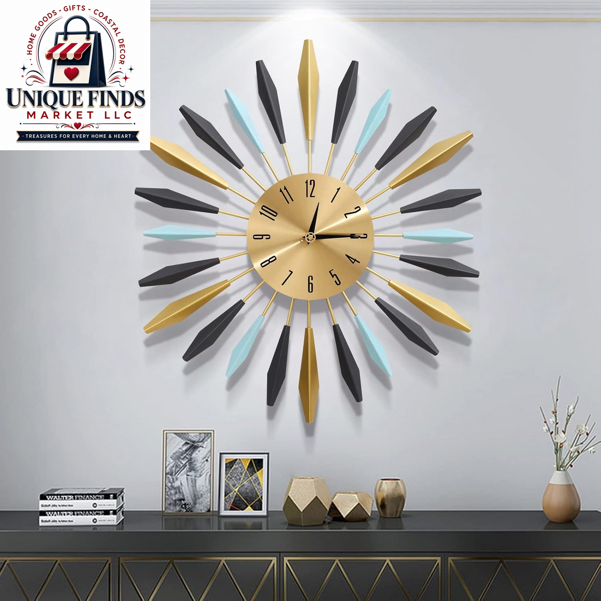 21.2-Inch Elegant Gold Large Wall Clock for Living Room Decor, Modern 3D Design with Arabic Numerals, Non-Ticking Silent Mechanism, Diamond Round Kitchen Clock