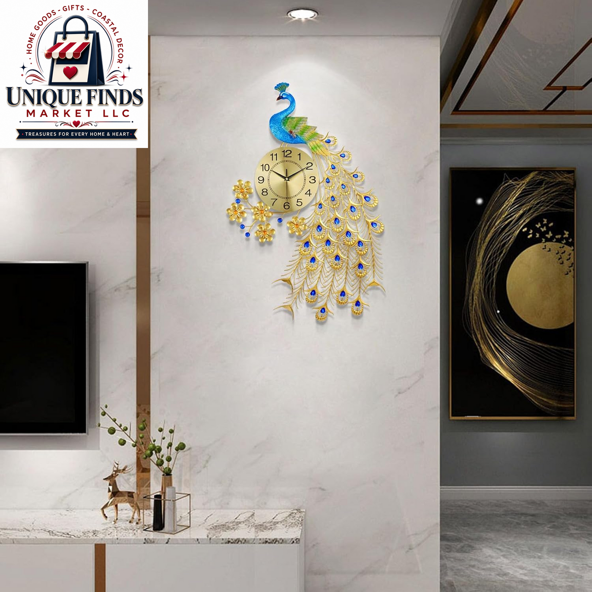 Large 31.5-Inch Metal Peacock Wall Clock - Silent Non-Ticking Digital Design for Living Room Decor in Gold