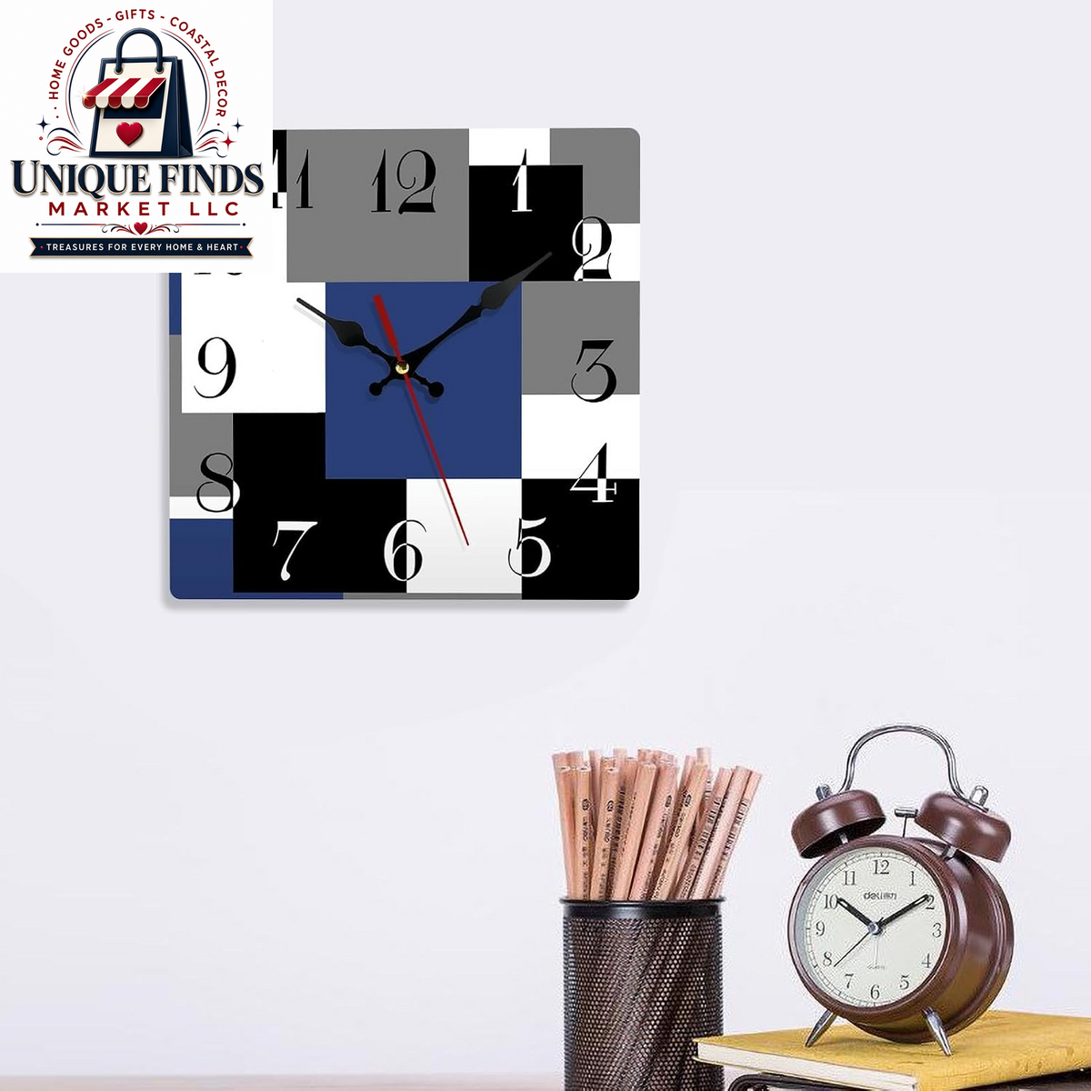 Artsocket 12" Silent Non-Ticking Square Wall Clock in Abstract Rustic Design