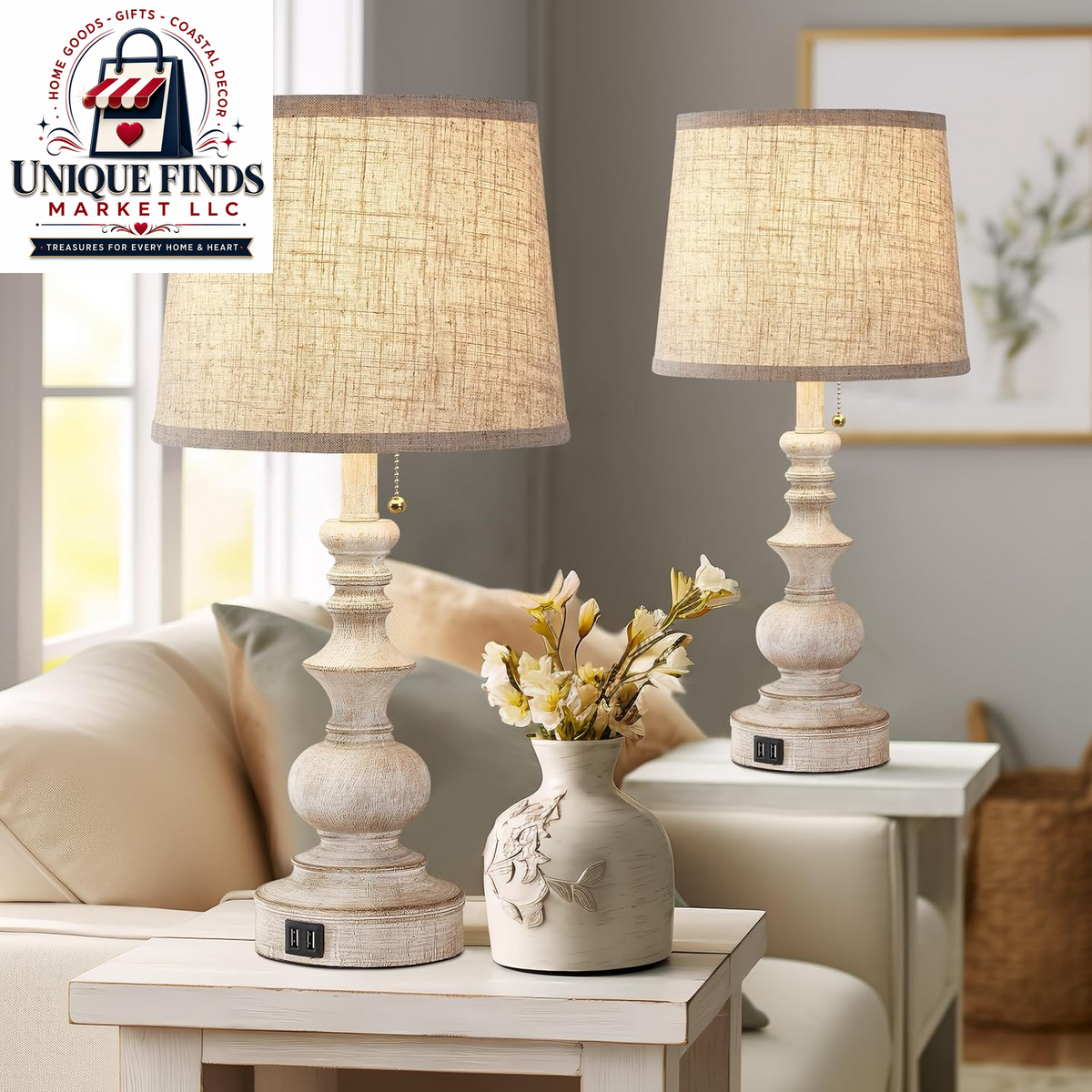Drawealth Set of 2 Farmhouse Table Lamps for Bedrooms with USB Charging Ports, Traditional Wooden Finish, Pull Chain, Bulbs Not Included