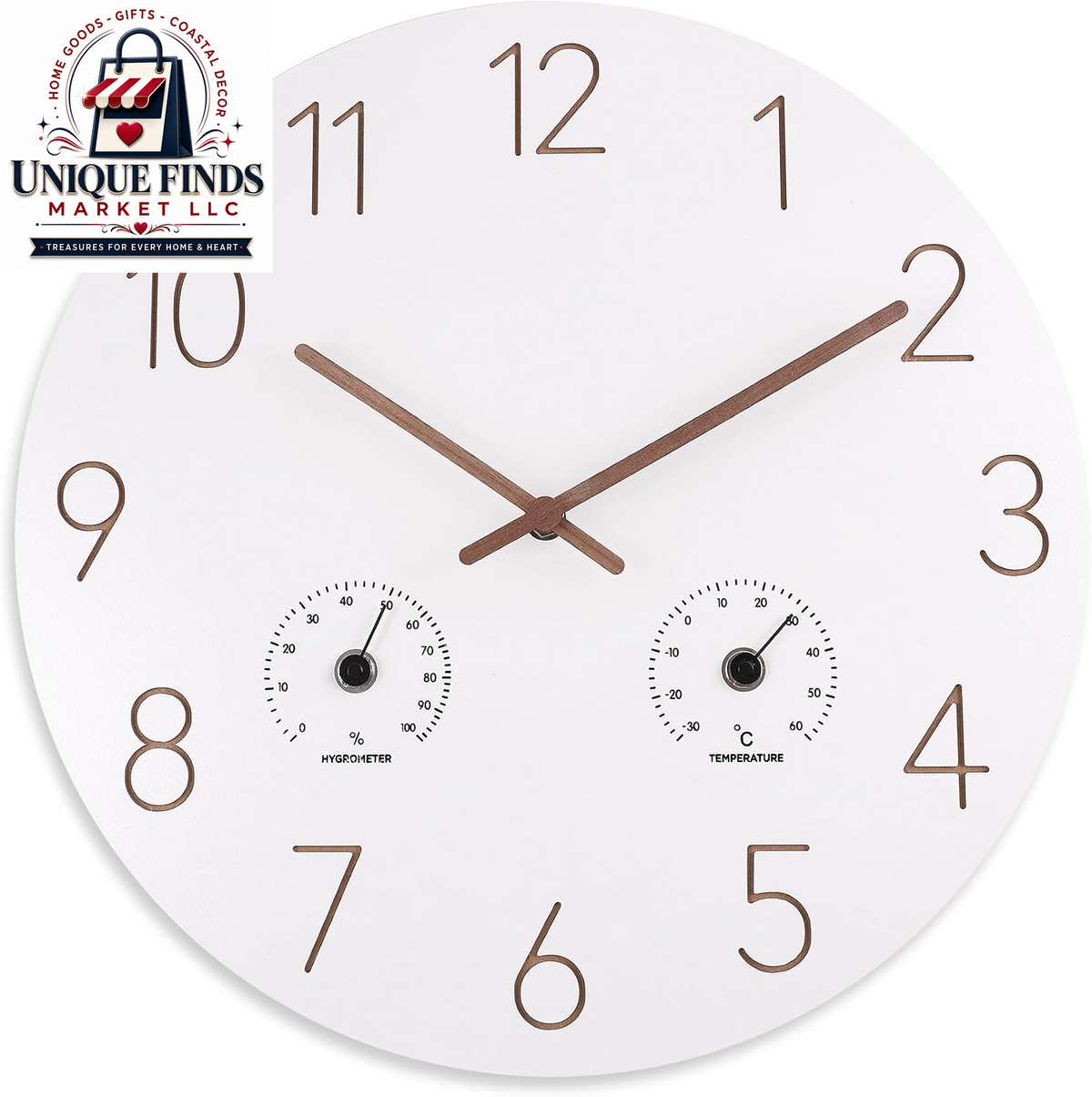 12-Inch Silent White Wall Clock with Integrated Temperature Display